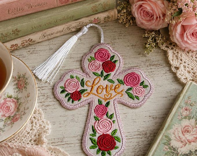 ITH Roses with Love Cross bookmark Machine embroidery design - Instant download file
