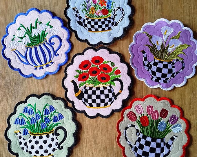 ITH Stylish teapots floral coasters Machine embroidery designs - Instant download file