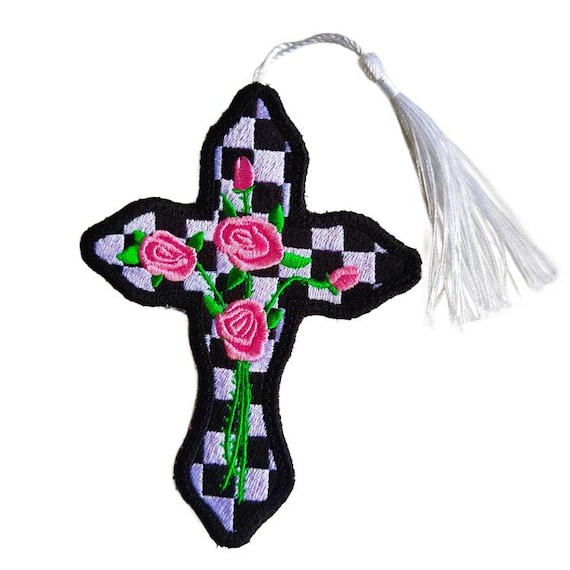 ITH Checkered cross bookmark with roses Machine embroidery design - Instant download file