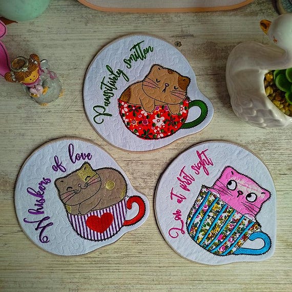 ITH Kitty applique coasters Machine embroidery designs - Instant download file
