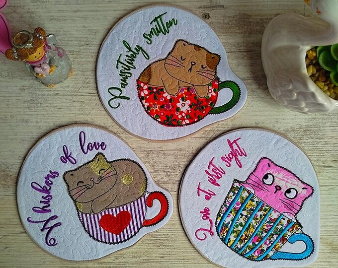 ITH Kitty applique coasters Machine embroidery designs - Instant download file
