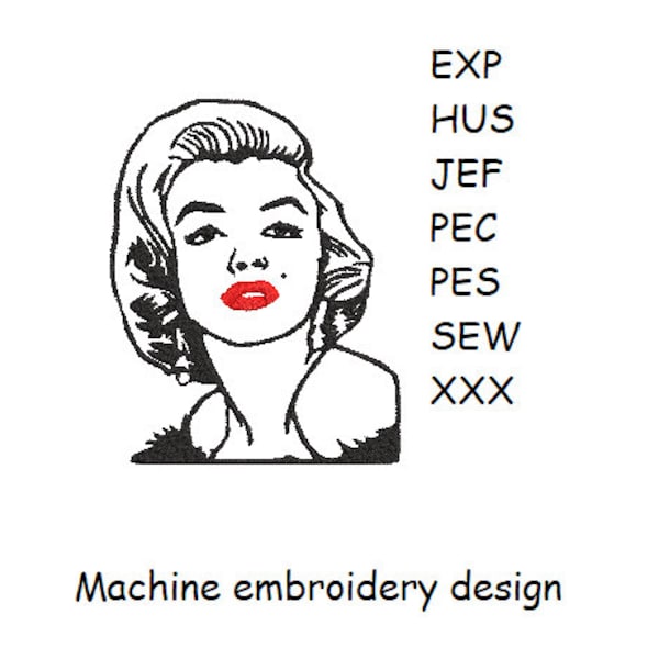 Marilyn machine embroidery design (red lips) - instant download