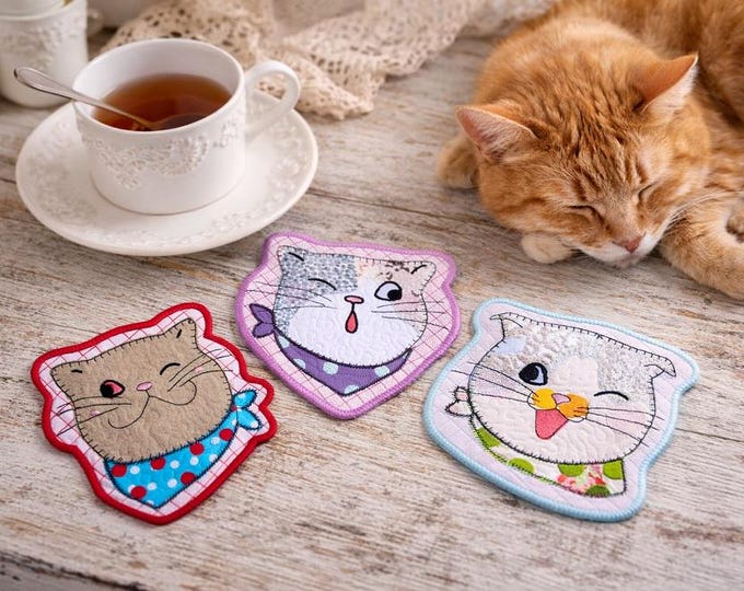 ITH Funny cat coasters Machine embroidery designs - Instant download file