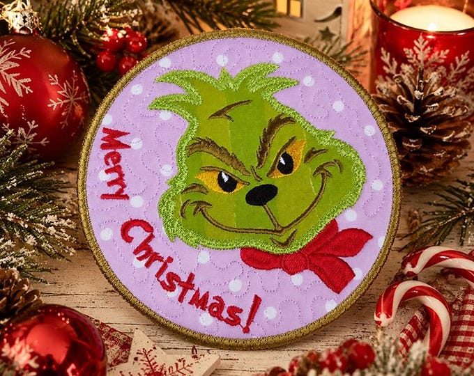 ITH Grinch Merry Christmas coaster Machine embroidery design - Instant download file