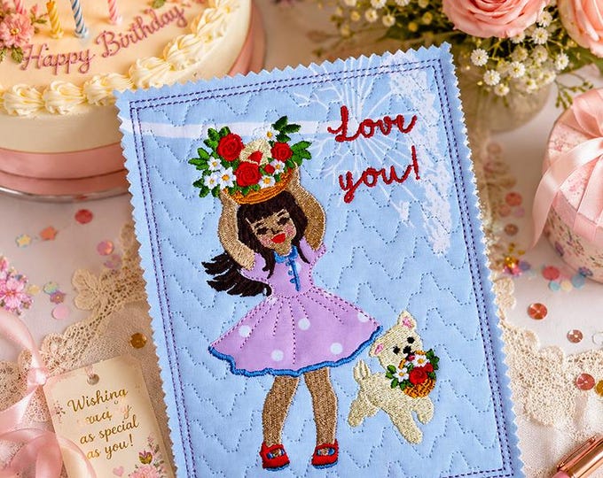 ITH Girl with puppy and flowers card Machine embroidery design - Instant download file