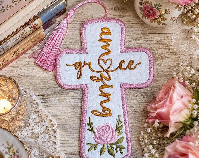 ITH Amazing grace cross bookmark Machine embroidery design - Instant download file