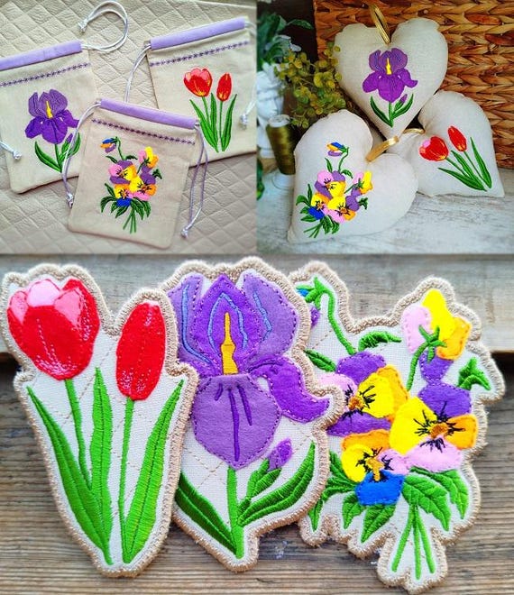 刺繍の大きな花 フランスアンティーク*大きな花カゴ手刺繍*無漂白リネン*ダイナミック