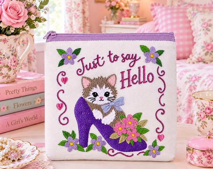 ITH Kitten in shoe purse Machine embroidery design - Instant download file