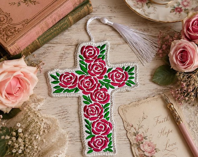 ITH Full of roses cross bookmark machine embroidery design - Instant download file