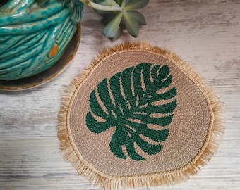 ITH Monstera leaf fringed coaster Machine embroidery design - Instant download file
