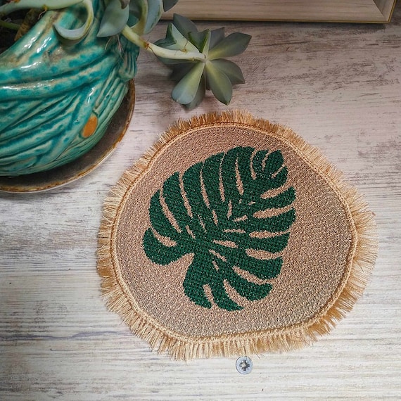 ITH Monstera leaf fringed coaster Machine embroidery design - Instant download file