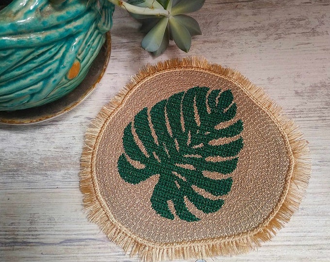 ITH Monstera leaf fringed coaster Machine embroidery design - Instant download file