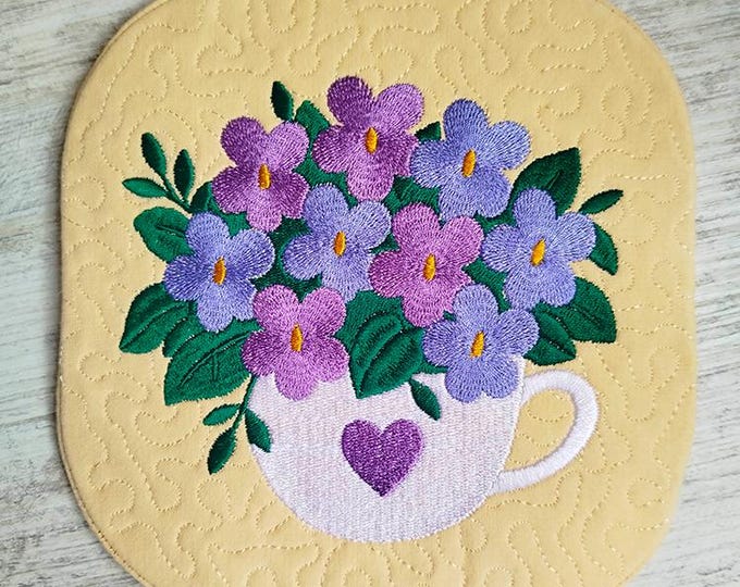 ITH Violets in cup coaster Machine embroidery design - Instant download file