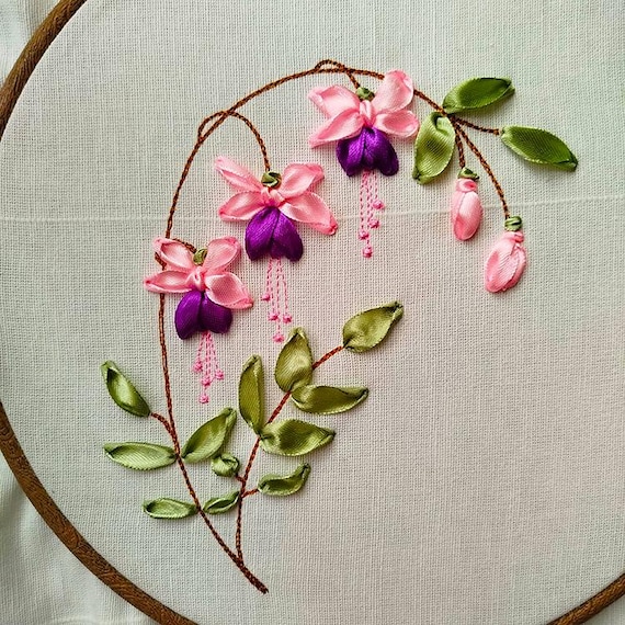 Fuchsia Machine pattern and handmade ribbon embroidery tutorial - Instant download file