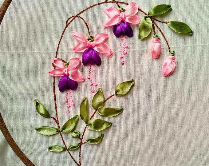Fuchsia Machine pattern and handmade ribbon embroidery tutorial - Instant download file
