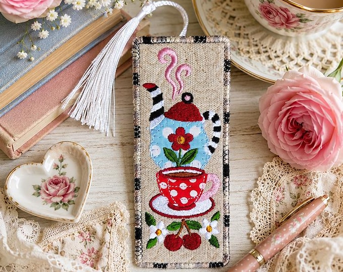 ITH Teapot with cup bookmark Machine embroidery design - Instant download file