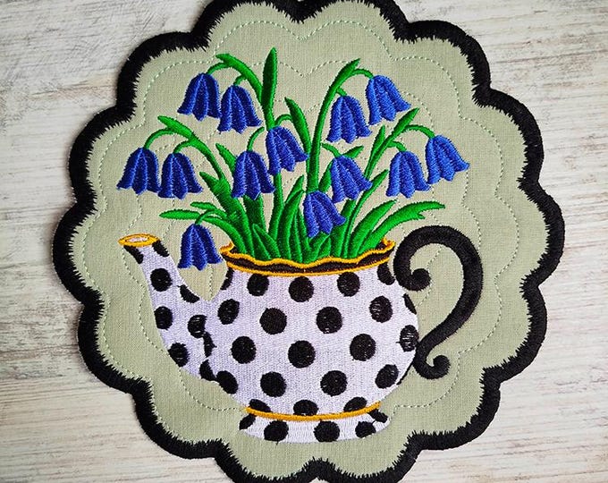 Ith Bluebells in dotted teapot Coaster Machine embroidery design - Instant download file