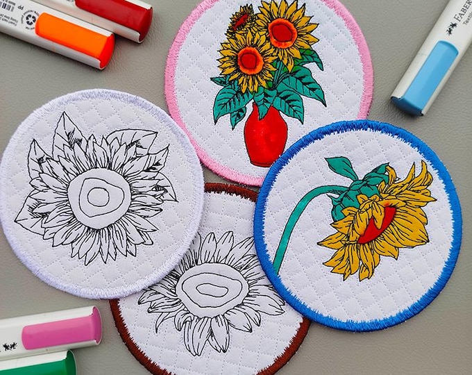 ITH Sunflowers to color coasters Machine embroidery designs - Instant download file