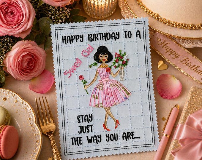 ITH Swell girl birthday card Machine embroidery design - Instant download file