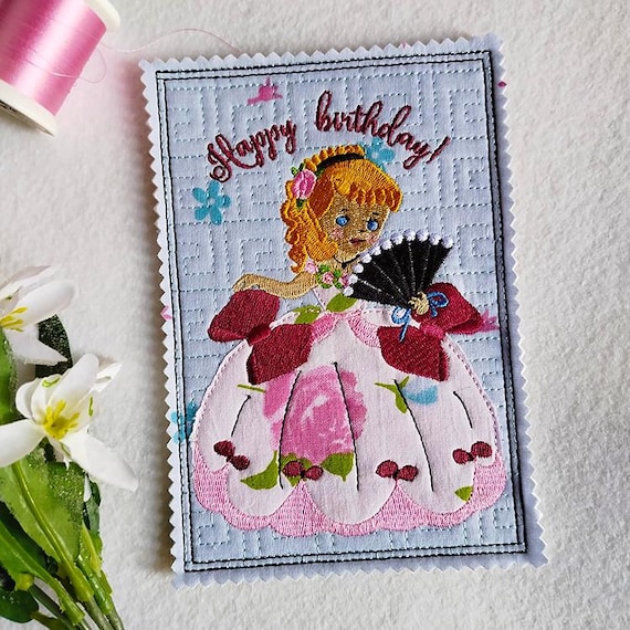 ITH Vintage happy birthday card 5x7 Machine embroidery design - Instant download file