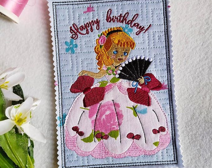 ITH Vintage happy birthday card 5x7 Machine embroidery design - Instant download file