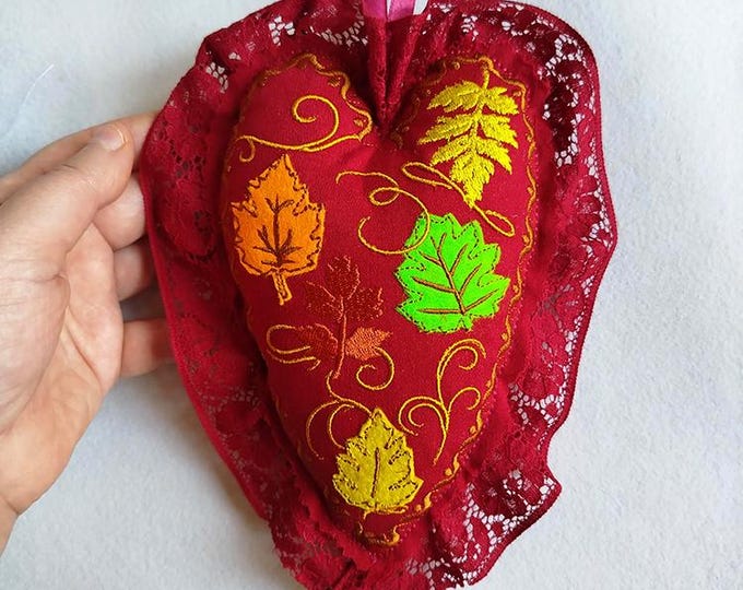 ITH Autumn leaves lacy heart Machine embroidery design - Instant download file