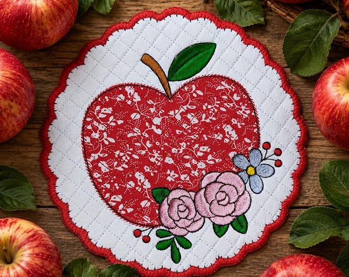 ITH Apple applique coaster Machine embroidery design - Instant download file