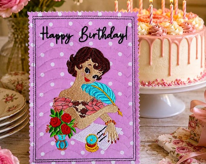 ITH Girl writing Happy birthday card Machine embroidery design - Instant download file