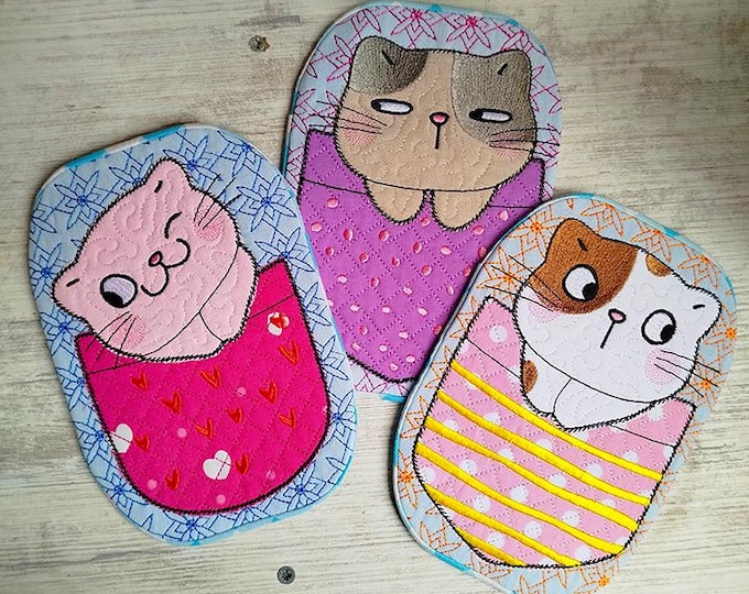 Cats in pocket applique mugrugs and appliques Machine embroidery designs - Instant download file