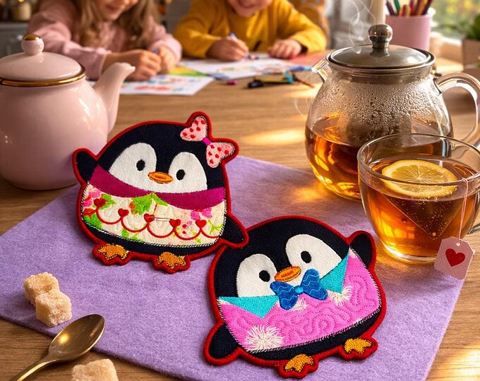 ITH Cute penguins coasters Machine embroidery design - Instant download file