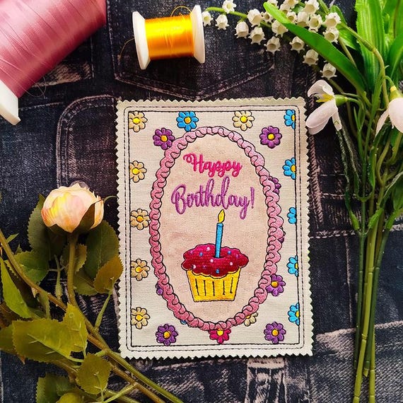 ITH Birthday floral card Machine embroidery design - Instant download file