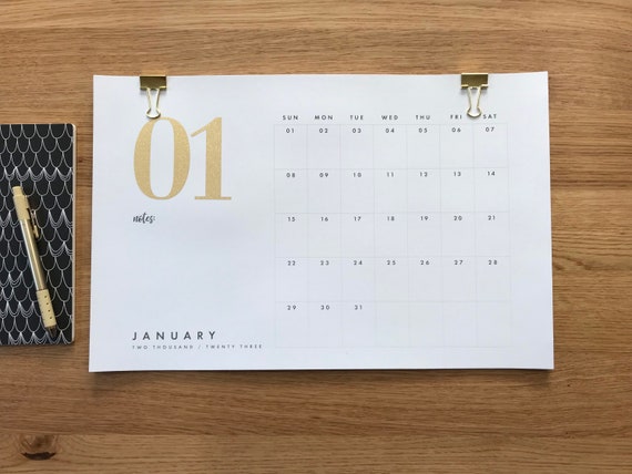 2026/2027 Mid-Year Horizontal or Vertical Desk Calendar, Gold Sparkle Numbers, 11x17 Office Decor