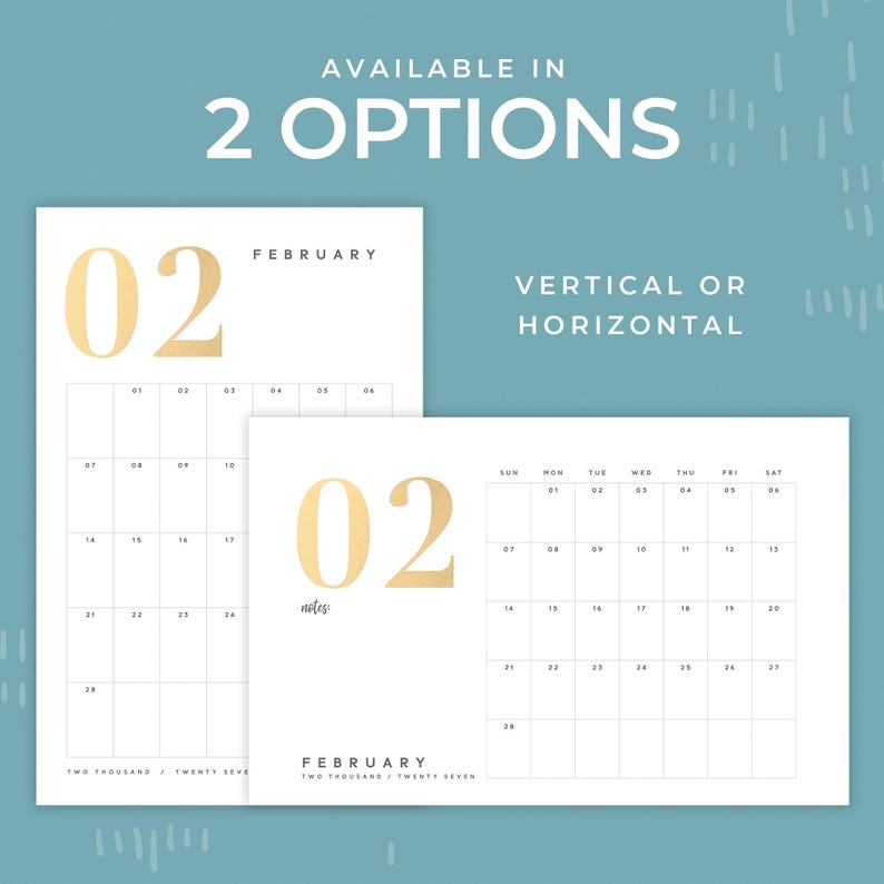 2026/2027 Mid-Year Horizontal or Vertical Desk Calendar, Gold Sparkle Numbers, 11x17 Office Decor image 2
