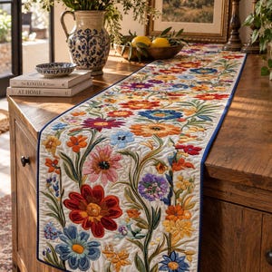 May include: A long, rectangular table runner featuring a white fabric base with intricate, colorful floral embroidery. The design displays a variety of flowers in shades of red, orange, yellow, blue, and pink, with green stems and leaves.