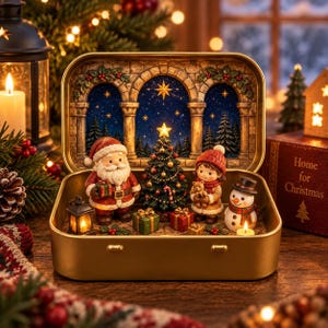 May include: A gold-toned metal tin containing a miniature Christmas scene with a Santa Claus figurine, a child holding a teddy bear, a snowman, a decorated Christmas tree, and wrapped gifts set against a backdrop of a stone archway.