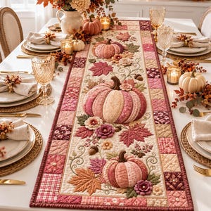 Puede incluir: Un camino de mesa acolchado rectangular con un borde de patchwork en tonos rosa, burdeos y crema. El panel central muestra calabazas de tela tridimensionales, hojas de arce bordadas y pequeñas flores en colores otoñales.
