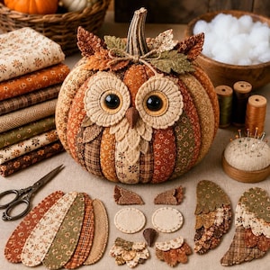 May include: A fabric pumpkin crafted to resemble an owl, featuring large black eyes, a pointed beak, and layered felt leaves. The pumpkin is constructed from various brown, orange, and green patterned fabric segments, surrounded by loose fabric pieces.