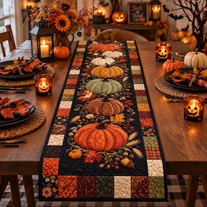 May include: A rectangular fabric table runner featuring a central black panel decorated with a vertical row of embroidered pumpkins in various colors, surrounded by autumn leaves and wheat stalks, framed by a border of multicolored patchwork squares.