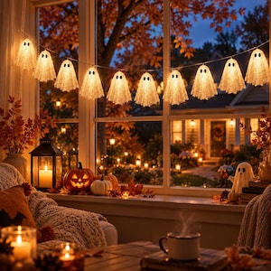 LED Ghost Garland, Lace-Inspired Halloween Mantel Decor