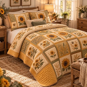 Pode incluir: Uma colcha de retalhos com um padrão de grelha repetitivo de girassóis, talos de trigo e pequenas abelhas. A colcha apresenta tons de amarelo, creme e verde sálvia, com fronhas a condizer e uma almofada decorativa retangular.