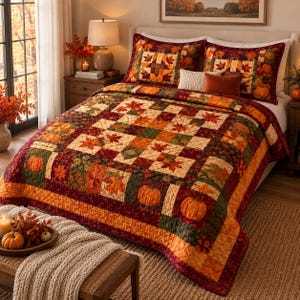 Könnte beinhalten: Eine Patchwork-Tagesdecke mit einem sich wiederholenden Muster aus orangefarbenen Kürbissen und bunten Herbstblättern in Rot-, Gelb- und Grüntönen. Die Decke hat eine gesteppte Textur und liegt auf einem Bett mit passenden Kissenbezügen.