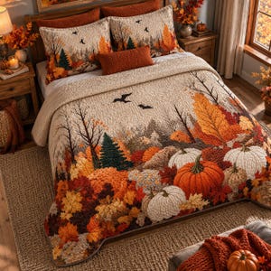 Pumpkin Quilt Bedding Set, Fall Bedspread, Autumn Harvest Bedroom Decor