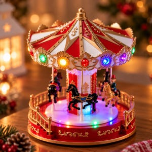 May include: A decorative carousel music box featuring a red and white striped canopy with gold accents and colorful LED lights. The rotating platform includes miniature horses and riders, surrounded by a gold railing on a circular red base.