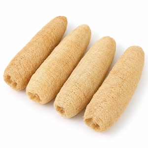 May include: Four cylindrical loofah sponges arranged in a diagonal row. Each sponge features a light tan, fibrous, and porous texture with a hollow centre visible at the ends. The natural plant-based material has a coarse, woven appearance.