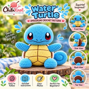 Könnte beinhalten: Eine Amigurumi-Häkelanleitung für eine blaue und gelbe Wasserschildkröte mit großen Augen und einem geringelten Schwanz. Das Bild enthält den Text: ChibiKnot, Water Turtle, Amigurumi Crochet Pattern, Squirtle Inspired, Small Stitches, Big Joy.