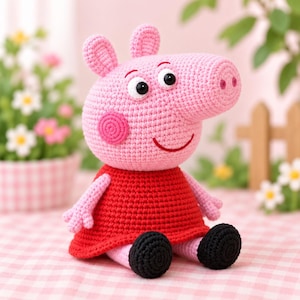 Könnte beinhalten: Eine gehäkelte rosa Schweinepuppe mit einem großen Kopf, zwei Ohren, schwarzen Augen, einer Schnauze mit zwei Nasenlöchern und einer roten kreisförmigen Wange. Die Puppe trägt ein rotes Kleid und hat schwarze Füße, mit sichtbarer Garnstruktur.