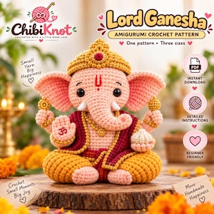 Può includere: Una bambola amigurumi all'uncinetto di Lord Ganesha con pelle rosa chiaro, una corona dorata e un indumento bordeaux. La bambola presenta occhi neri, zanne bianche e un simbolo Om sul palmo. Testo: Lord Ganesha Amigurumi Crochet Pattern.