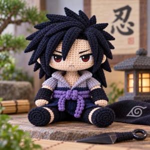 May include: A handcrafted crochet doll featuring a character with spiky black hair, red eyes, and a light beige complexion. The doll wears a light grey collared shirt, a dark blue tunic, a purple knotted sash, and black arm and leg wraps.