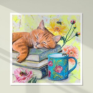 Orange Tabby Cat Art Print: Cottagecore Books and Poppies