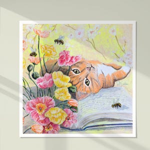 Orange Tabby Cat Art Print: Cottagecore Poppies & Books